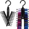 Black plastic tie hanger with 20 arms for organizing ties, belts, or scarves in a closet.