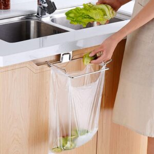 Silver Stainless Steel Over-Cabinet Trash Bag Holder For Kitchen Waste Disposal.