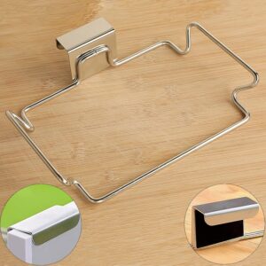 Silver Stainless Steel Over-Cabinet Trash Bag Holder With Wavy Wire Frame For Kitchen Waste.