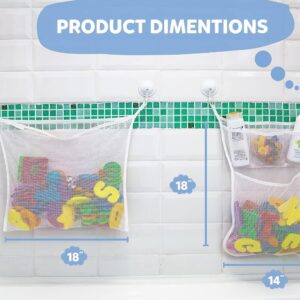 White mesh bath toy organizers with suction cups for shower storage.