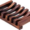 Dark brown wooden soap dish with slatted design for drainage, ideal for bathroom or kitchen sink.