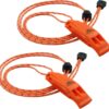2-pack LuxoGear orange plastic survival whistles with black adjustable lanyards for hiking, camping, and emergencies.