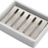 White ceramic soap dish with brushed stainless steel slotted insert for bathroom or kitchen use.