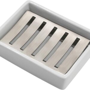 White ceramic soap dish with brushed stainless steel slotted insert for bathroom or kitchen use.