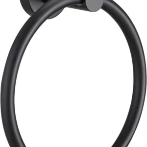 Matte black metal towel ring, round, wall-mounted for bathroom hand towels.