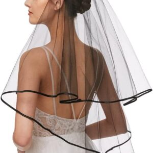 Two-tier black tulle wedding veil with satin ribbon trim, elbow length, for bridal or costume use.
