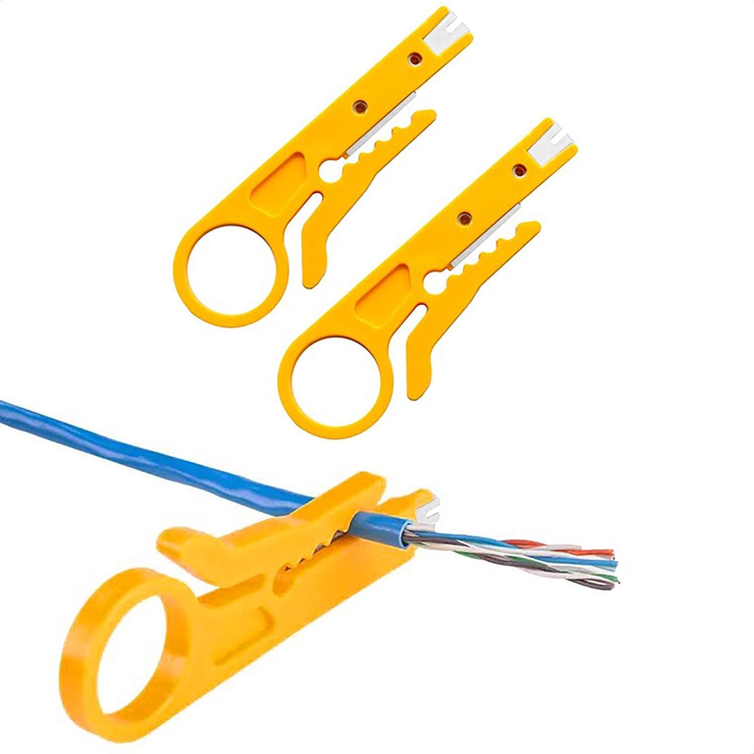 3 Pack Wire Stripper &Amp; Cutter For Rj45 Cat5/6 Cables – Sumo Deals Two Yellow Plastic Wire Strippers With Metal Blades, One Stripping Blue Ethernet Cable. For Network Cable Preparation.