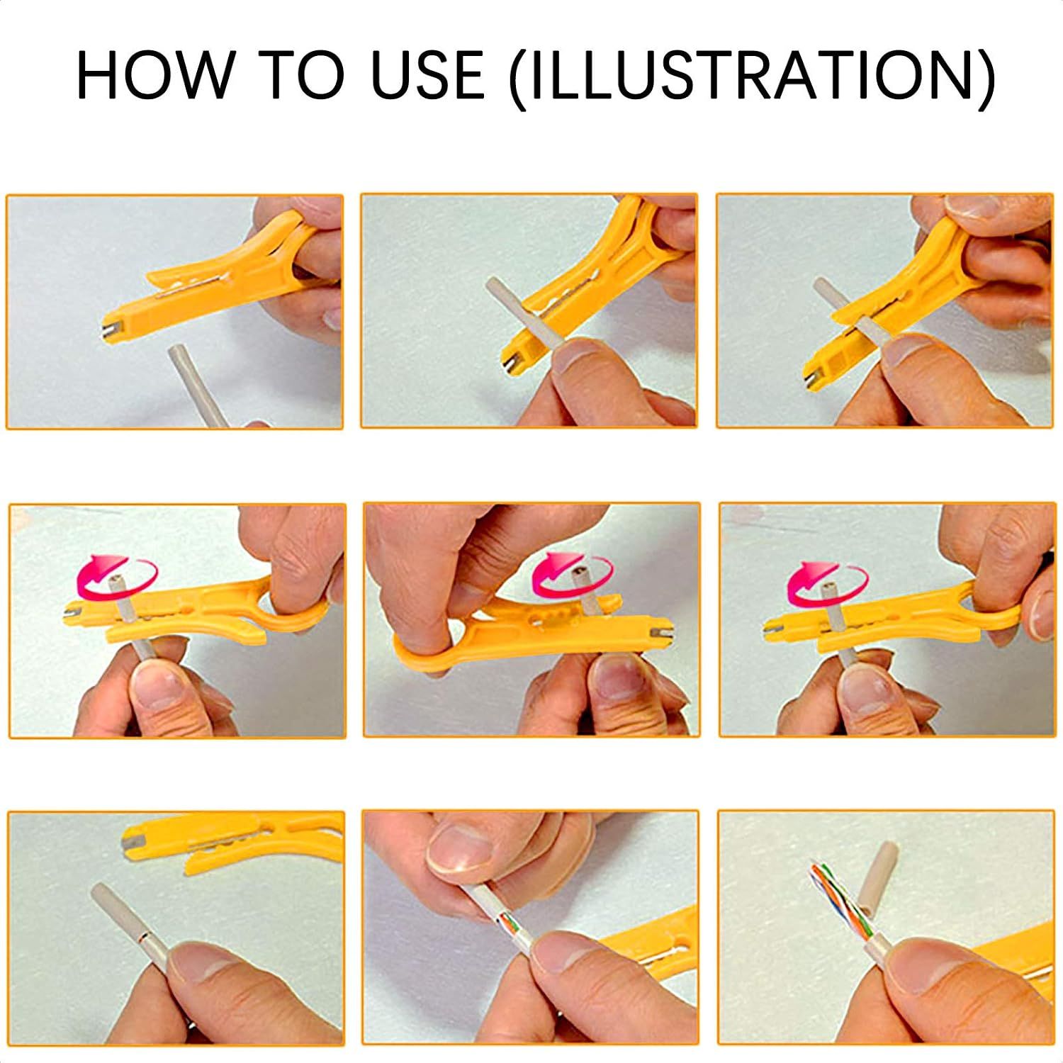3 Pack Wire Stripper &Amp; Cutter For Rj45 Cat5/6 Cables – Sumo Deals Illustration Of A Yellow Plastic Wire Stripper Tool Demonstrating How To Strip A Cable To Expose Inner Wires.