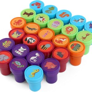 Colorful plastic animal self-inking stamps for kids' crafts and learning.