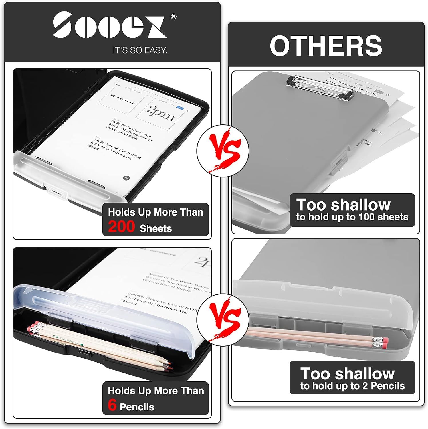 Storage Clipboard With Pen Holder | Heavy Duty Plastic – Sumo Deals Black Plastic Clipboard With Clear Pencil Case, Holding 200 Sheets And 6 Pencils For Office/School Use.