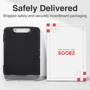 Storage Clipboard With Pen Holder | Heavy Duty Plastic – Sumo Deals Black Plastic Clipboard With Metal Clip And Clear Bottom Storage, Shown Next To Its Branded Cardboard Packaging.
