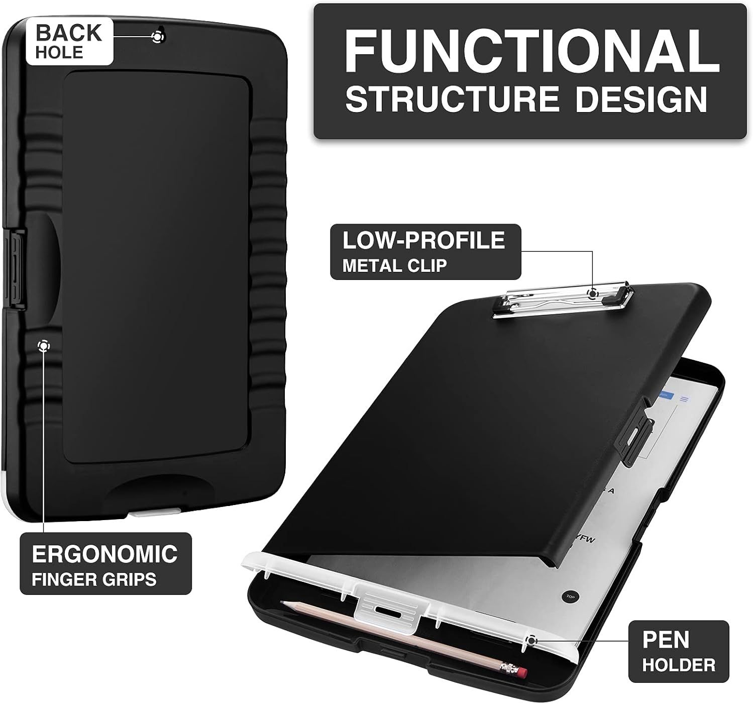 Storage Clipboard With Pen Holder | Heavy Duty Plastic – Sumo Deals Black Plastic Storage Clipboard With Low-Profile Metal Clip, Pen Holder, And Ergonomic Grips For Document Organization.