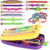 Kids' DIY friendship bracelet making kit with colorful braided string, plastic loom, and charms for creative crafting.