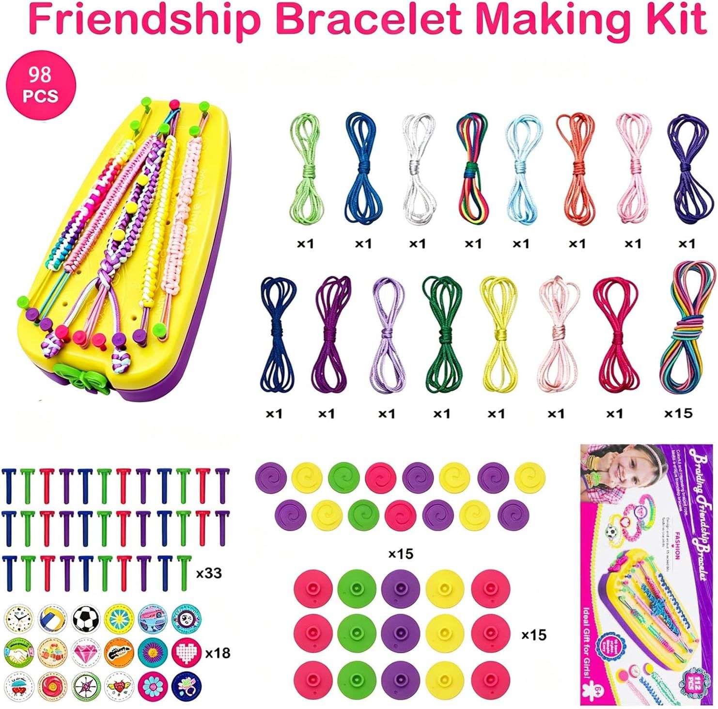 Friendship Bracelet Kit For Girls 7-12 | Diy Craft Set – Sumo Deals 98-Piece Friendship Bracelet Making Kit With Yellow Braiding Loom, Colorful Strings, Beads, And Clasps For Kids' Crafts.