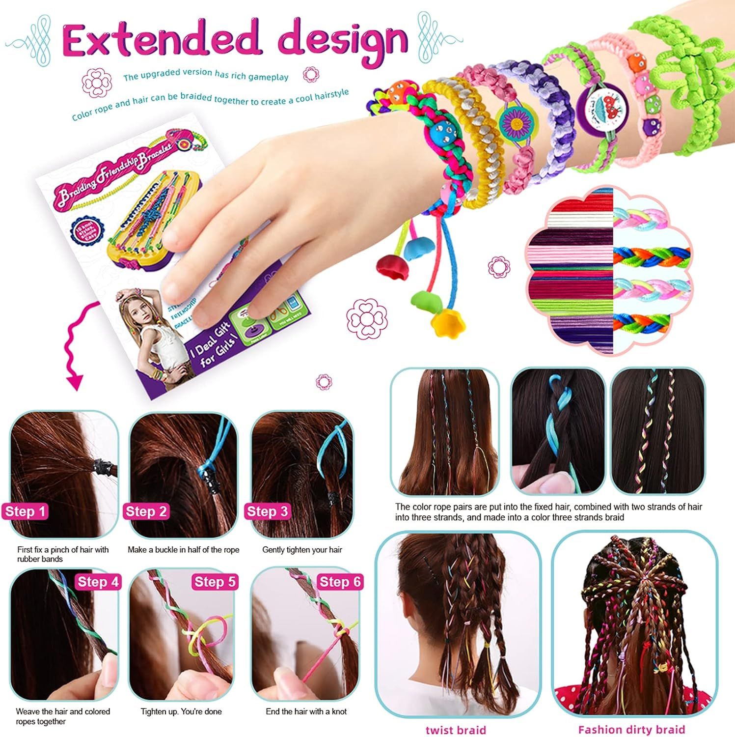 Friendship Bracelet Kit For Girls 7-12 | Diy Craft Set – Sumo Deals Kids' Diy Hair Braiding Kit With Colorful Plastic Ropes, Beads, And Braiding Tool For Creating Friendship Bracelets And