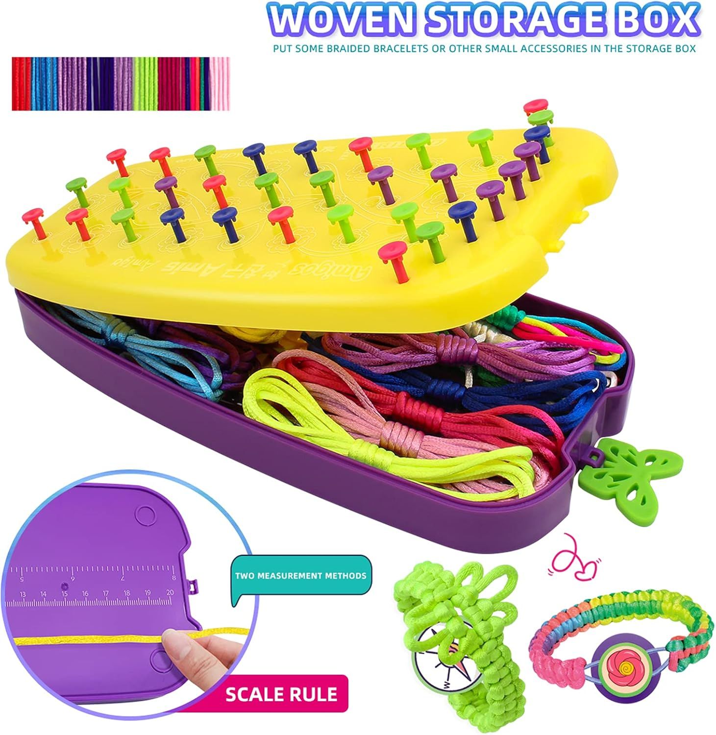 Friendship Bracelet Kit For Girls 7-12 | Diy Craft Set – Sumo Deals Kids' Plastic Bracelet Making Kit: Yellow Loom With Colorful Pegs, Purple Storage Box With Multi-Color Threads, For Craf