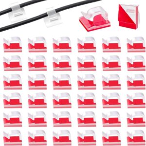 Clear plastic adhesive cable clips with red backing, for organizing wires and cables.