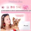 Janinka 5-style pink fabric dog hair bows with pearls & rhinestones, shown with ruler for size, on a Yorkie.