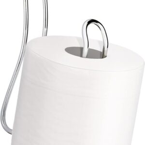 Chrome over-the-door toilet paper holder with white roll, ideal for bathroom storage and organization.