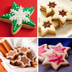 5-Piece Star Cookie Cutter Set | Stainless Steel – Sumo Deals Assorted Star-Shaped Christmas Cookies: Green Snowflake, Jam-Filled Linzer, Gingerbread With White Icing, And Red Jelly.