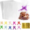 Clear cellophane bags with assorted colorful pull bows and gold twist ties for party favors or food packaging.