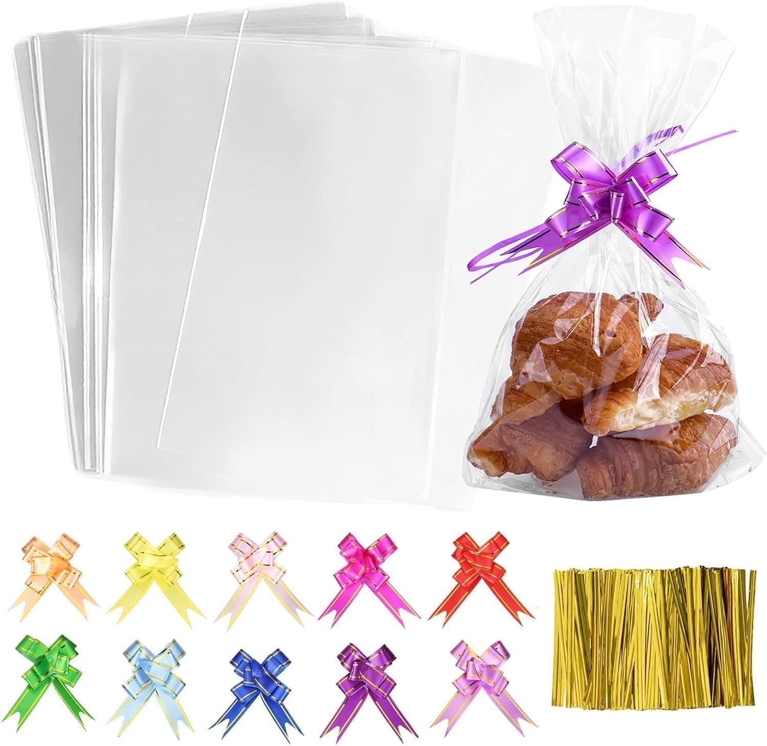 100 Clear Cellophane Bags With Twist Ties – Sumo Deals Clear Cellophane Bags With Assorted Colorful Pull Bows And Gold Twist Ties For Party Favors Or Food Packaging.