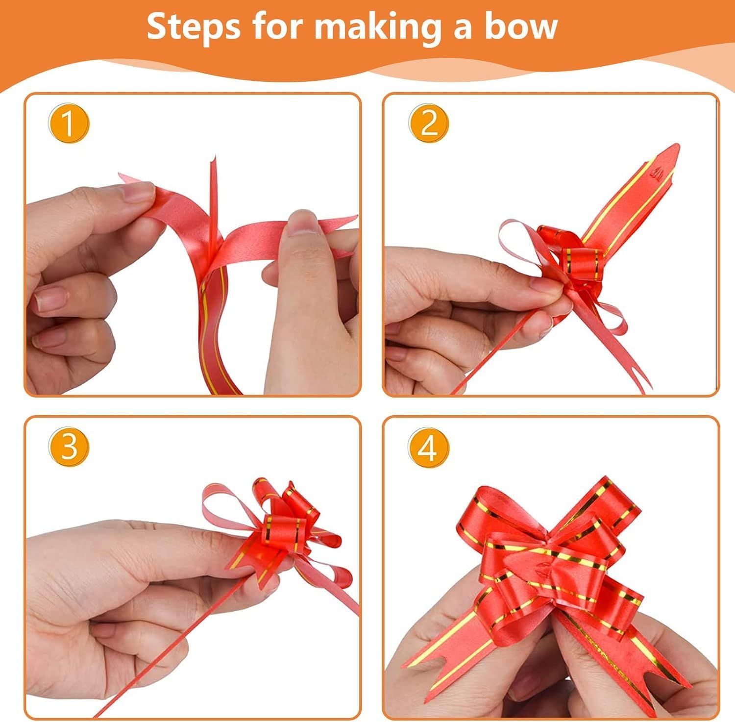 100 Clear Cellophane Bags With Twist Ties – Sumo Deals Red Pull Bow Ribbon With Gold Stripes, Shown In 4 Steps Of Assembly For Gift Wrapping Or Decoration.