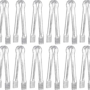 Clear plastic ice tongs with ridged tips, perfect for serving ice cubes at parties or bars.