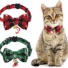 Christmas cat collar set: red & green plaid fabric with snowflake print, bow ties, bells, and Santa/stocking charms.