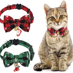 Christmas cat collar set: red & green plaid fabric with snowflake print, bow ties, bells, and Santa/stocking charms.