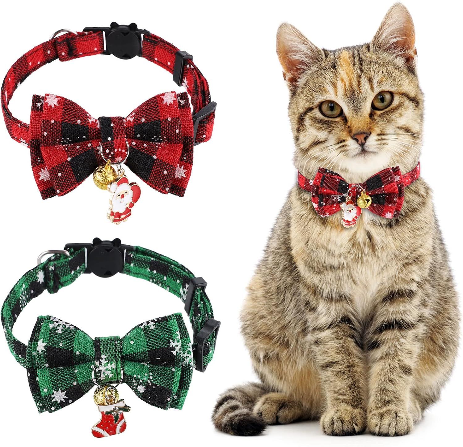 Christmas Cat Collar Set | 2-Pack Bow Tie &Amp; Bell – Sumo Deals Christmas Cat Collar Set: Red &Amp; Green Plaid Fabric With Snowflake Print, Bow Ties, Bells, And Santa/Stocking Charms.