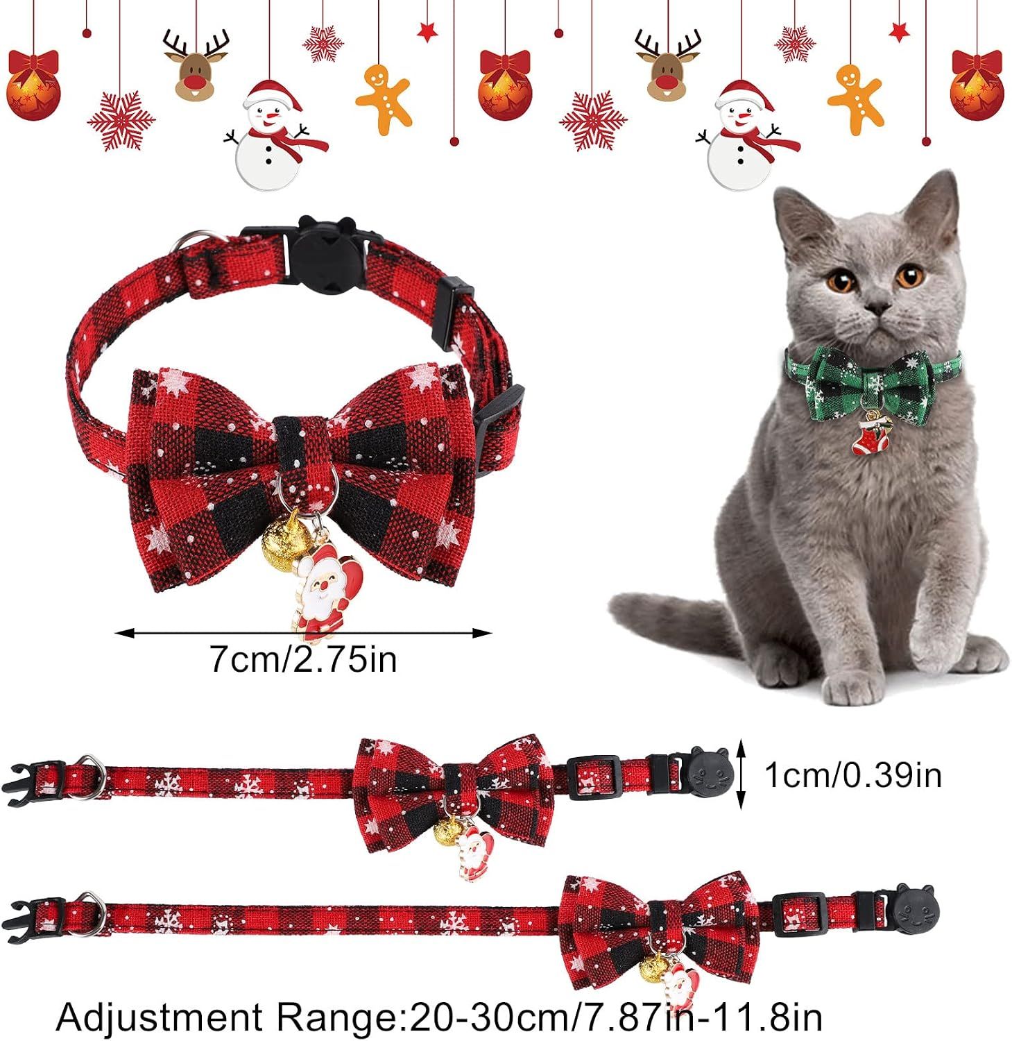 Christmas Cat Collar Set | 2-Pack Bow Tie &Amp; Bell – Sumo Deals Red Plaid Fabric Cat Collar With Bow Tie, Bells, And Santa Charm For Christmas Pet Dressing.