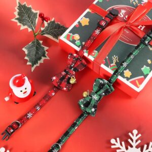Christmas Cat Collar Set | 2-Pack Bow Tie &Amp; Bell – Sumo Deals Christmas Pet Collars, Red And Green Plaid Fabric With Snowflake Print, Bow Tie, And Bell For Festive Pet Wear.