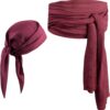 Maroon cotton pirate headscarf and matching waist sash, tied, for historical costume or cosplay.