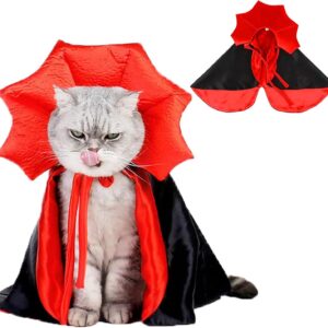 Pet vampire cape, black and red satin/velvet, with stand-up collar, for Halloween cat/dog costume.