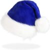 Blue plush Santa hat with white faux fur trim and pom-pom, for festive holiday wear.