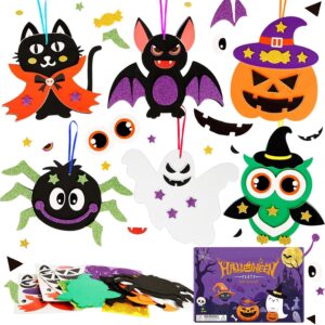 Halloween foam craft kit with black cat, bat, pumpkin, spider, ghost, owl shapes, glitter accents for kids' party decor.