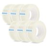 6 rolls of clear plastic adhesive tape with white cores and blue arrows, for office, school, or packaging use.