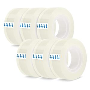 6 rolls of clear plastic adhesive tape with white cores and blue arrows, for office, school, or packaging use.