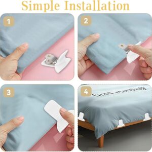 8 Pcs Comforter Clips | Non-Slip Duvet Fasteners – Sumo Deals White Plastic Bed Sheet Clips, Easy Installation, Used To Secure Light Blue Fitted Sheets To A Wooden Bed Frame.