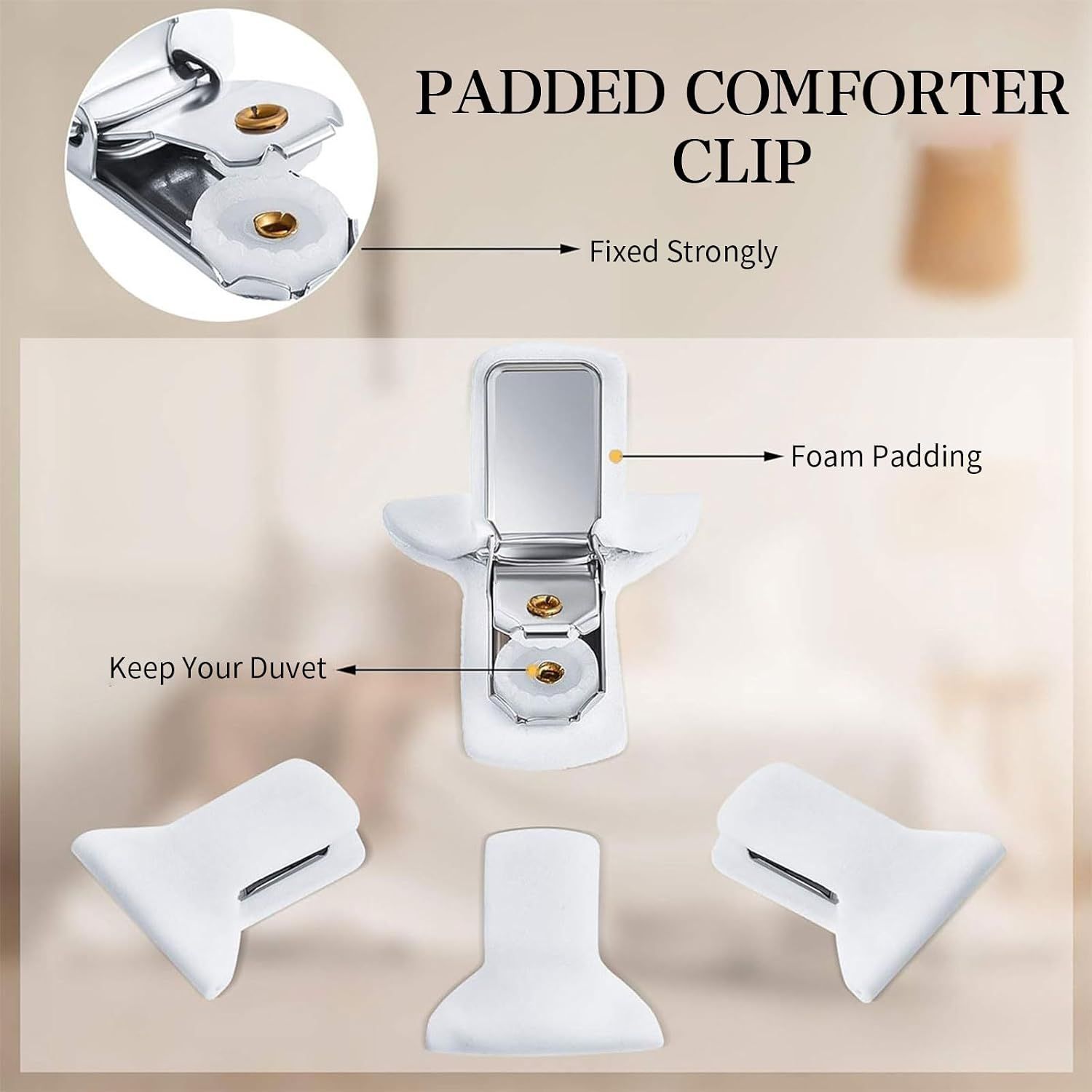 8 Pcs Comforter Clips | Non-Slip Duvet Fasteners – Sumo Deals White Padded Metal Comforter Clip With Foam Padding, For Securely Fixing Duvets.