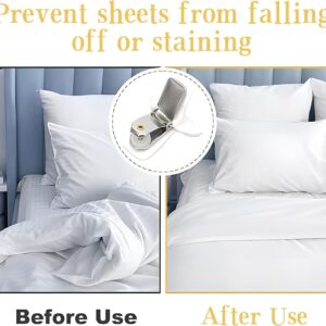 8 Pcs Comforter Clips | Non-Slip Duvet Fasteners – Sumo Deals Silver Metal Sheet Clip With Plastic Teeth, Shown In A Before/After Comparison To Secure Bed Sheets.
