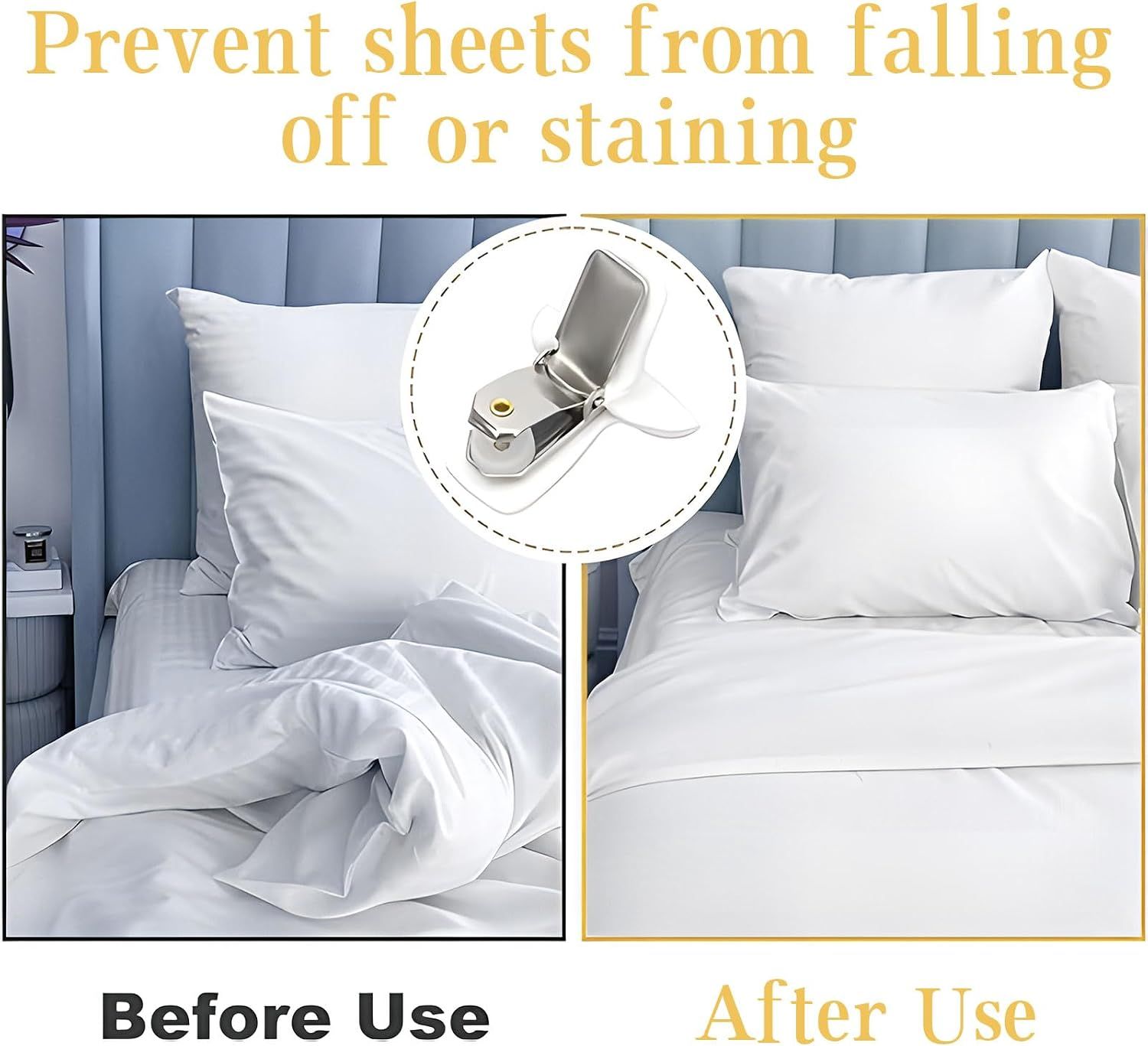 8 Pcs Comforter Clips | Non-Slip Duvet Fasteners – Sumo Deals Silver Metal Sheet Clip With Plastic Teeth, Shown In A Before/After Comparison To Secure Bed Sheets.