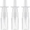 Three clear glass nasal spray bottles with white plastic pump tops, ideal for essential oils or medicine.