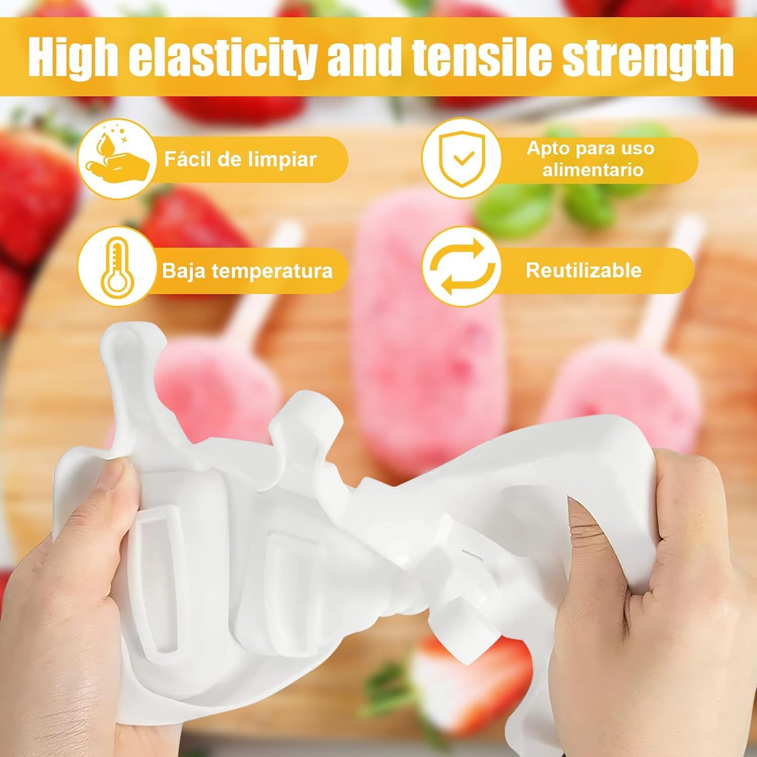 2 Pcs Silicone Popsicle Molds For Diy Ice Pops – Sumo Deals Flexible White Silicone Ice Pop Mold Being Squeezed, Showing High Elasticity For Easy Homemade Frozen Treats.