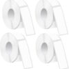 4 rolls of white blank thermal label paper, rectangular, for shipping and barcode printing.