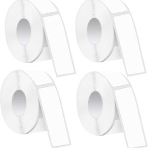 4 rolls of white blank thermal label paper, rectangular, for shipping and barcode printing.
