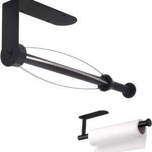 Black under-cabinet paper towel holder, metal with tension arm, for kitchen organization.