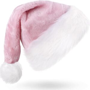 Pink plush Santa hat with white faux fur trim and pom-pom, for Christmas and holiday costumes.