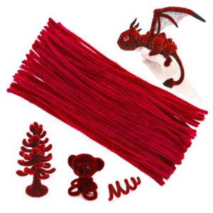 Red chenille pipe cleaners, soft fuzzy craft wires for DIY art projects like dragons, trees, and bears.